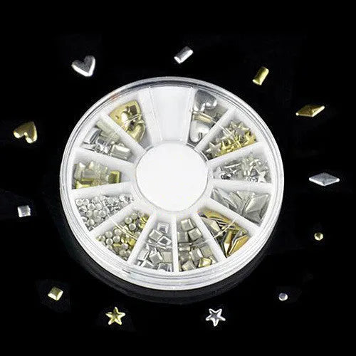 DIY nail art stickers in gold and silver on a white background, acrylic nail decoration set
