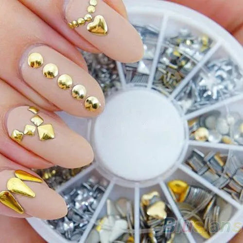 DIY nail art stickers in gold and silver on a white background, acrylic nail decoration set