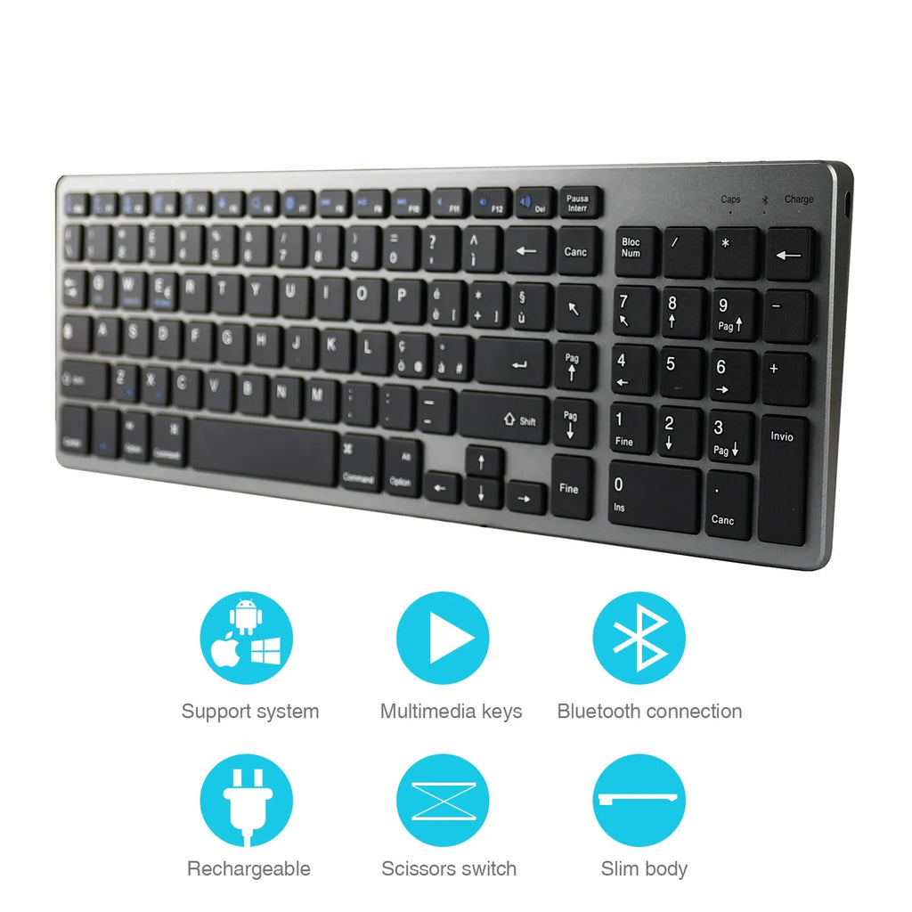 Ultra-thin universal Bluetooth keyboard for tablets and mobile phones showing white, black, and grey colour options