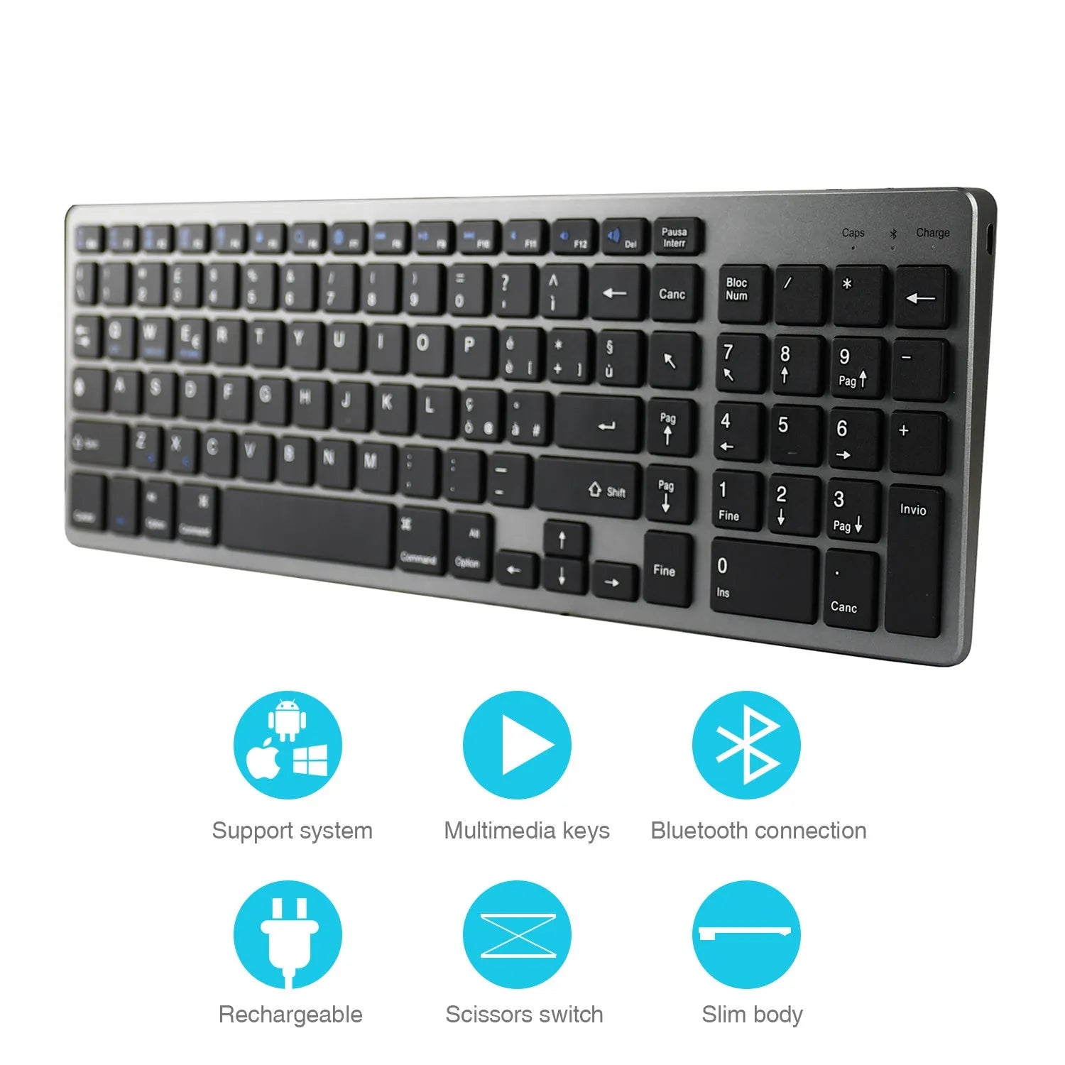 Ultra-thin universal Bluetooth keyboard for tablets and mobile phones showing white, black, and grey colour options