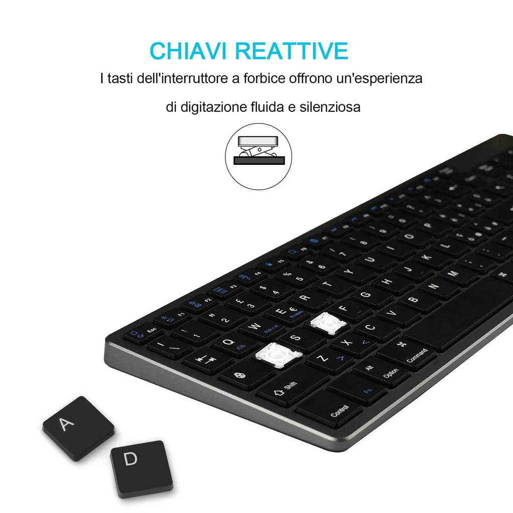 Ultra-thin universal Bluetooth keyboard for tablets and mobile phones showing white, black, and grey colour options