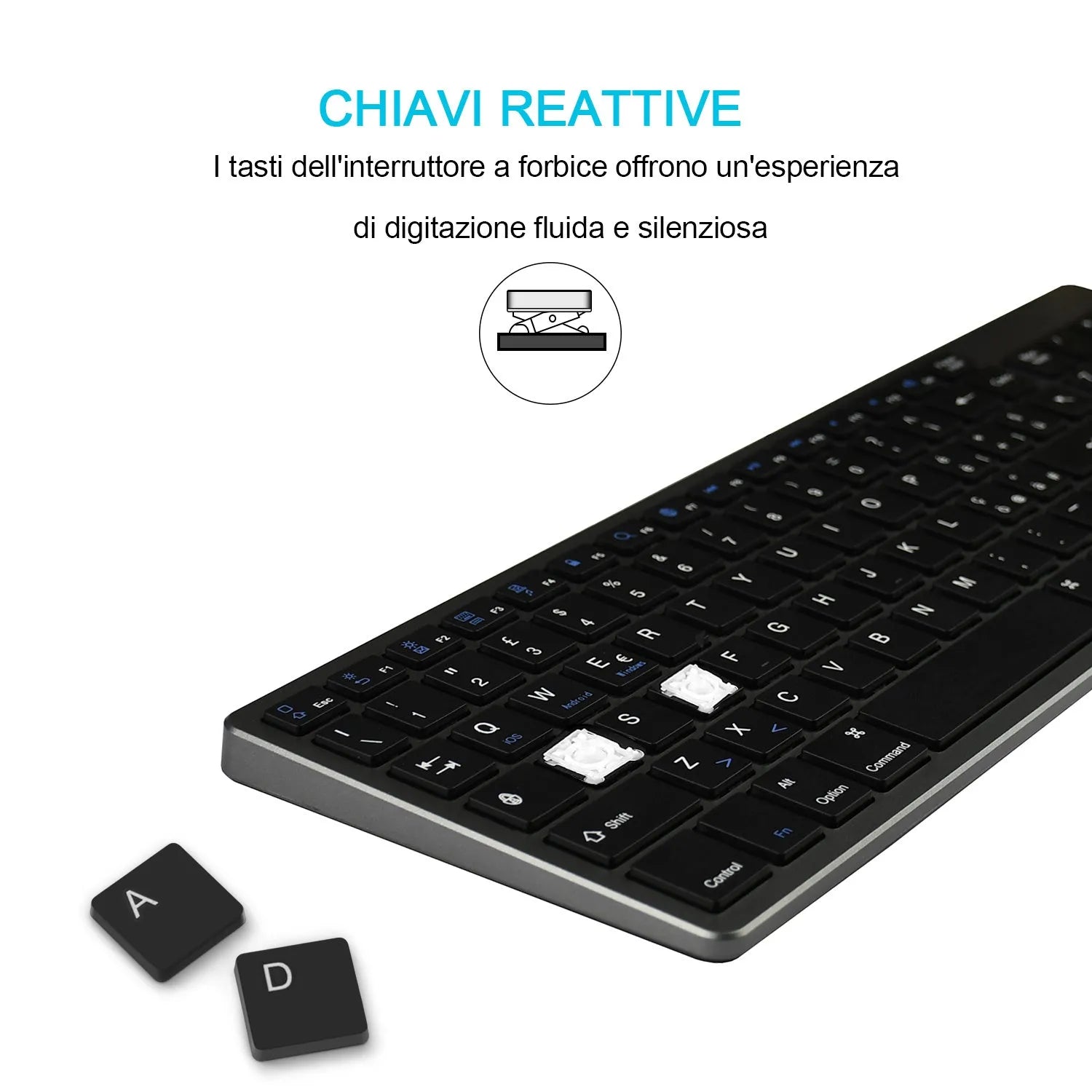 Ultra-thin universal Bluetooth keyboard for tablets and mobile phones showing white, black, and grey colour options