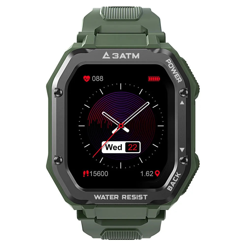 Outdoor sports rugged smart watch with 1.69 inch screen and silicone wristband in army green
