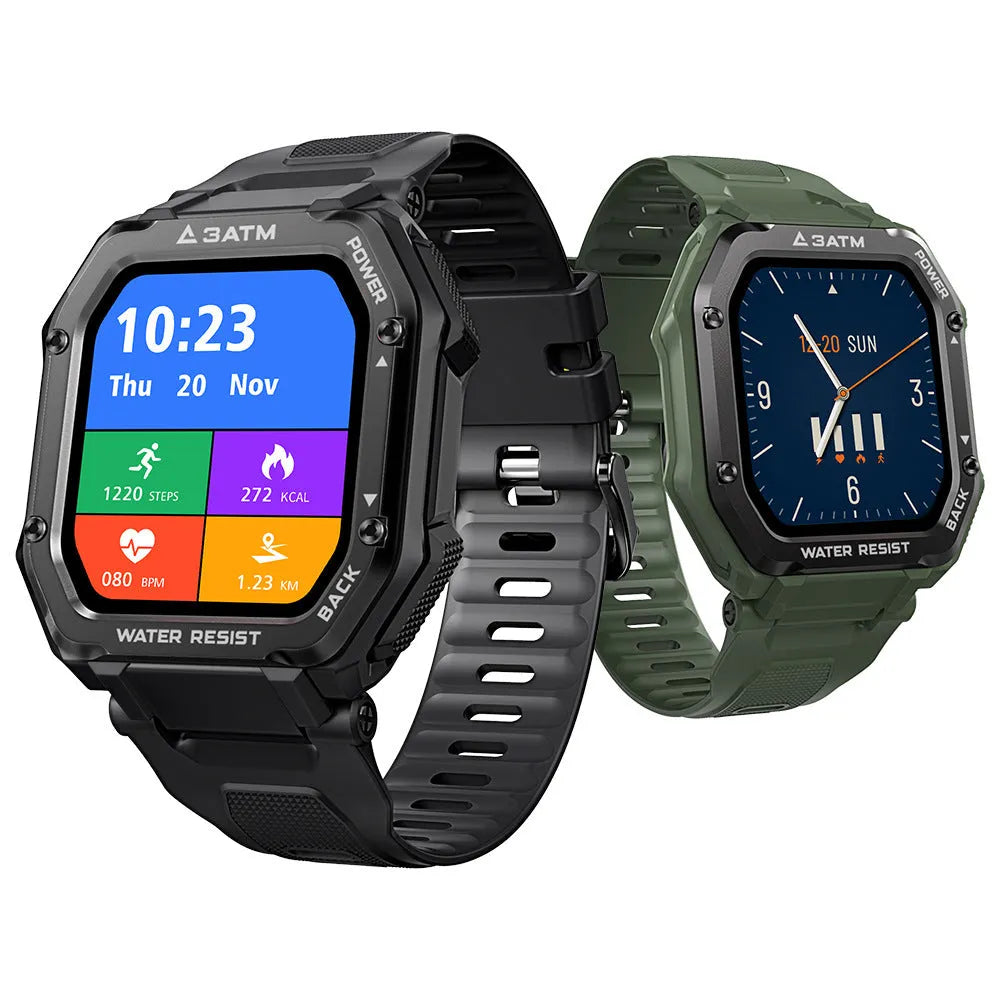 Outdoor sports rugged smart watch with 1.69 inch screen and silicone wristband in army green