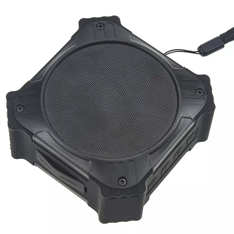 Compact black or blue waterproof portable Bluetooth speaker with wrist strap.