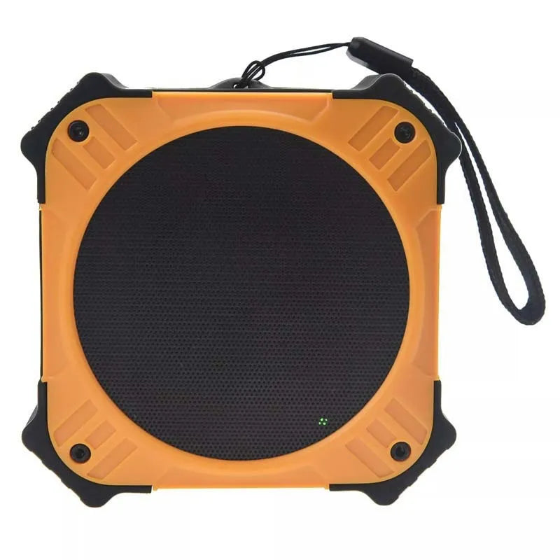 Compact black or blue waterproof portable Bluetooth speaker with wrist strap.