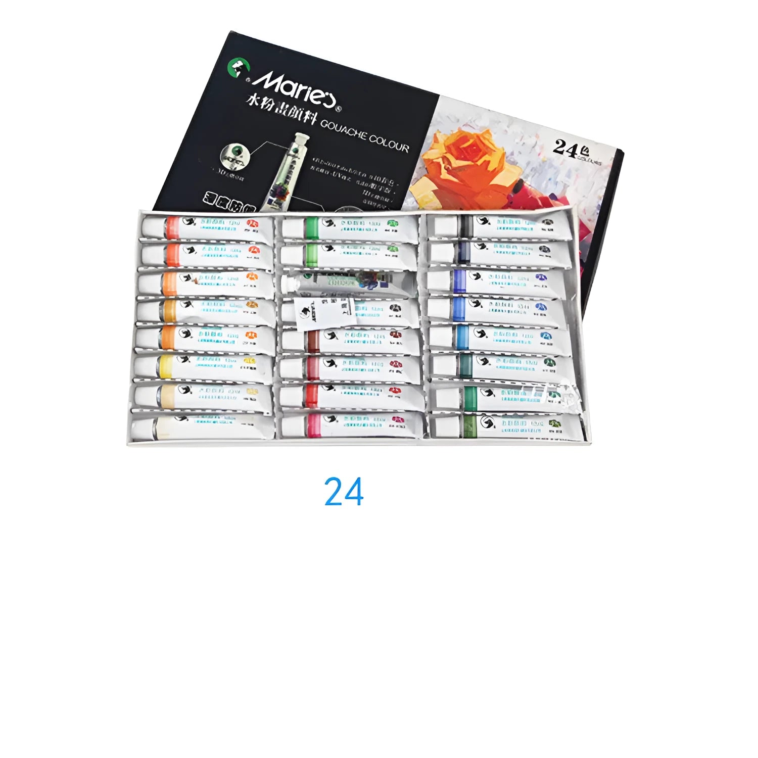 Marley gouache paint set showing 12ml tubes in a box with 12, 18, or 24 colour options