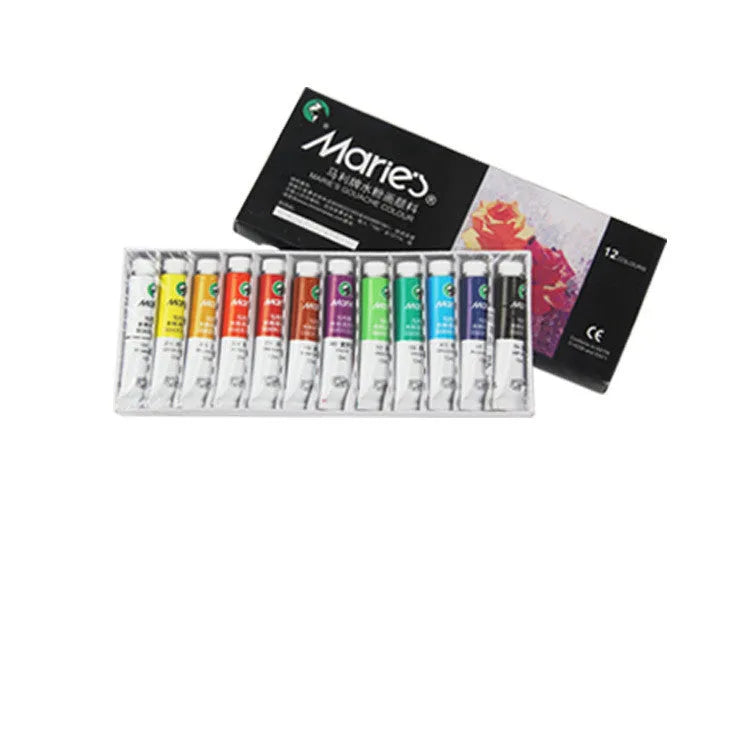 Marley gouache paint set showing 12ml tubes in a box with 12, 18, or 24 colour options