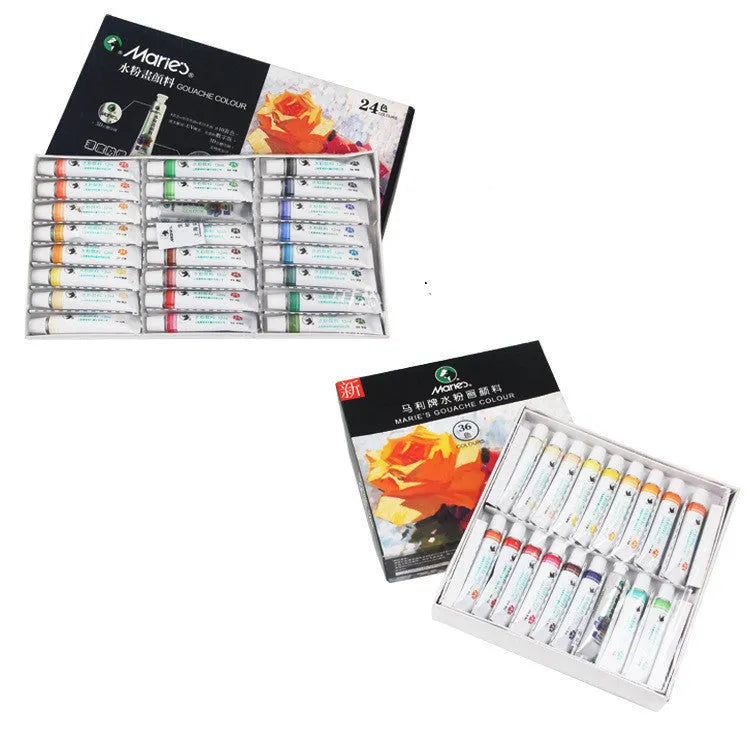 Marley gouache paint set showing 12ml tubes in a box with 12, 18, or 24 colour options