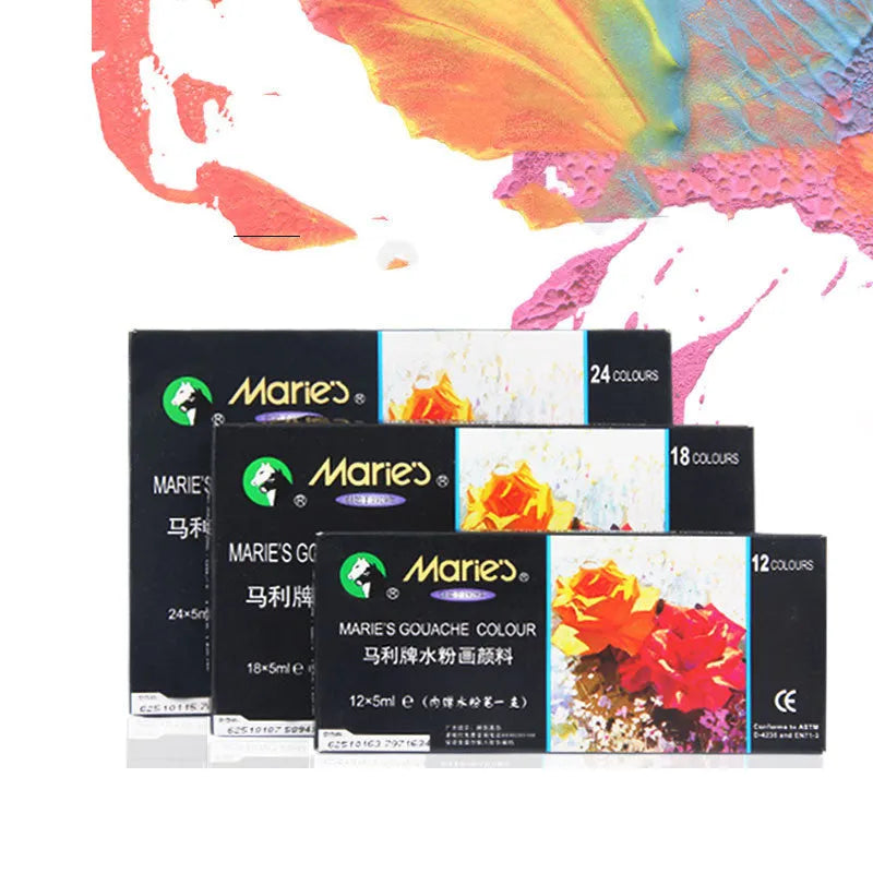 Marley gouache paint set showing 12ml tubes in a box with 12, 18, or 24 colour options