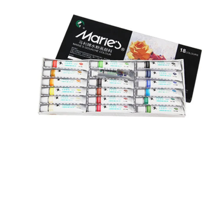 Marley gouache paint set showing 12ml tubes in a box with 12, 18, or 24 colour options
