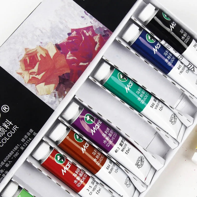 Marley gouache paint set showing 12ml tubes in a box with 12, 18, or 24 colour options