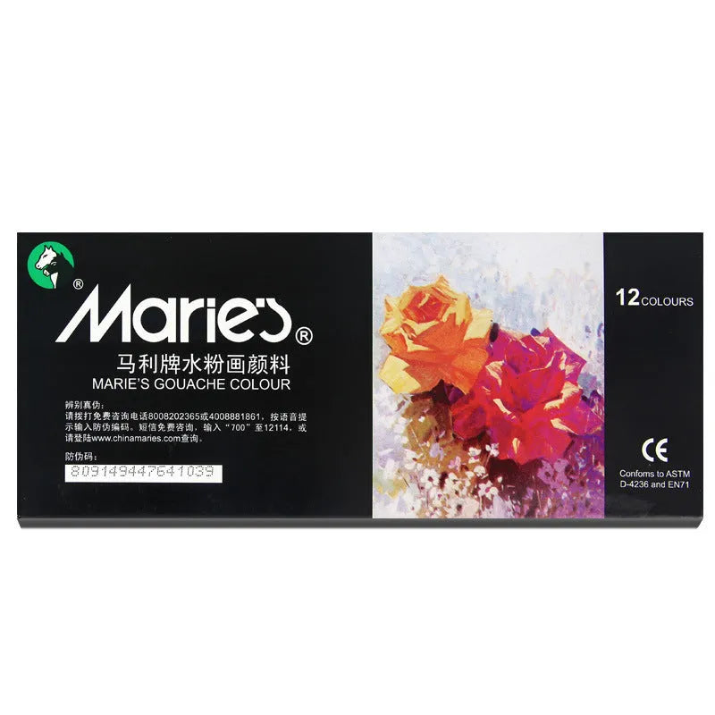 Marley gouache paint set showing 12ml tubes in a box with 12, 18, or 24 colour options