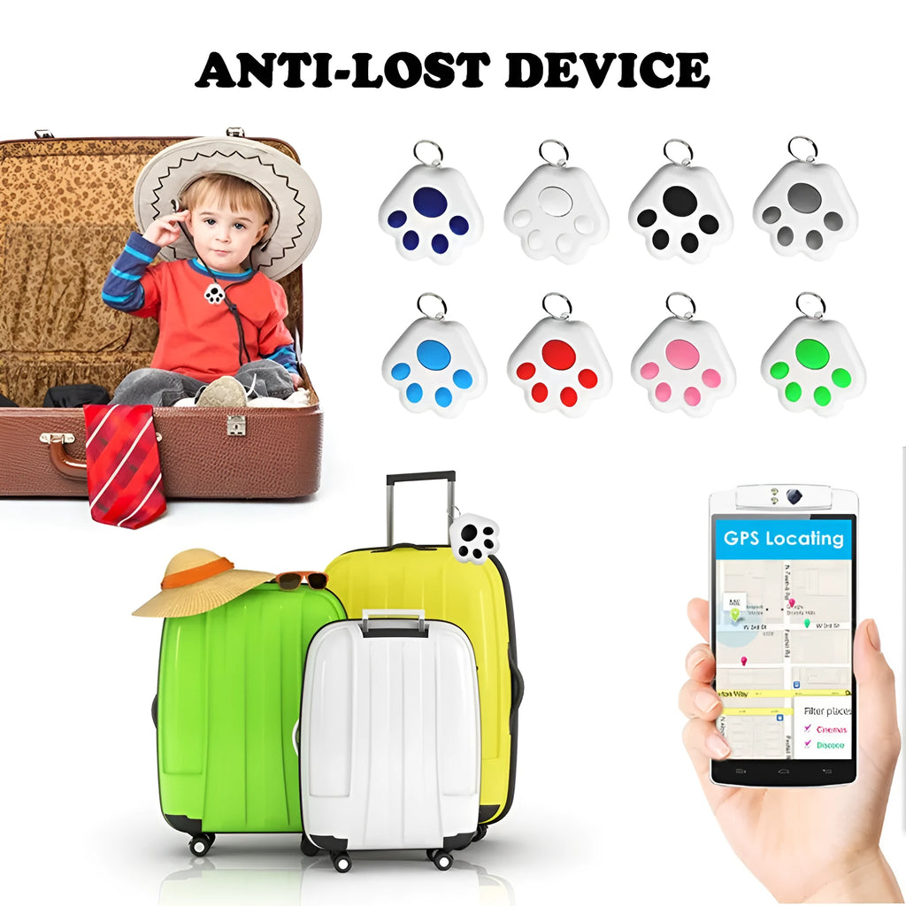 Small black dog paw shaped Bluetooth anti-lost device with key ring, shown next to a mobile phone.