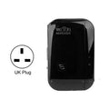 Compact black and white WiFi signal booster repeater with UK, EU, US, and AU plug options