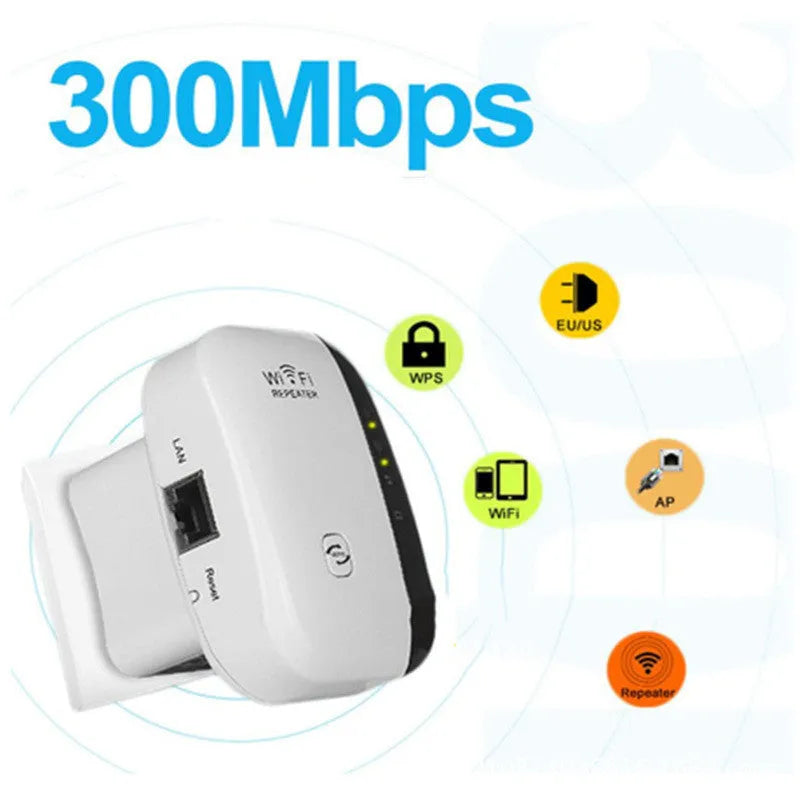 Compact black and white WiFi signal booster repeater with UK, EU, US, and AU plug options