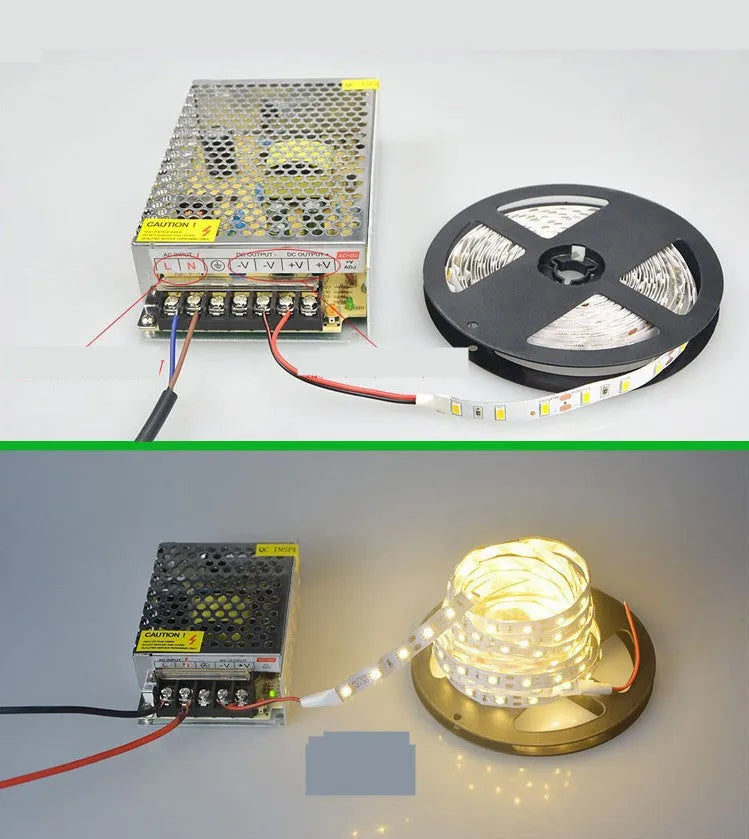 Close-up of a flexible white LED light strip with dense SMD LEDs, shown coiled, for shelf and counter lighting.