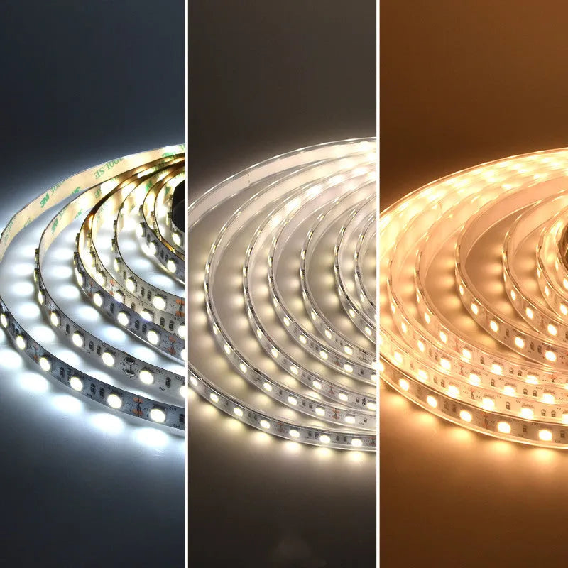 Close-up of a flexible white LED light strip with dense SMD LEDs, shown coiled, for shelf and counter lighting.