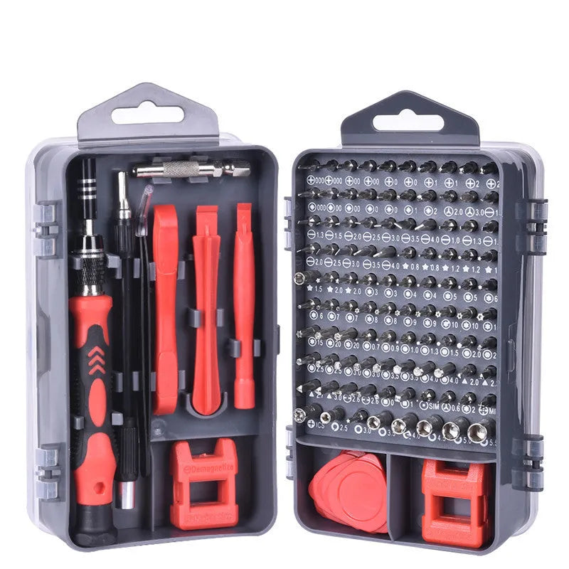 117-in-1 magnetic CR-V screwdriver set with bits and flexible extension rod in a red box.