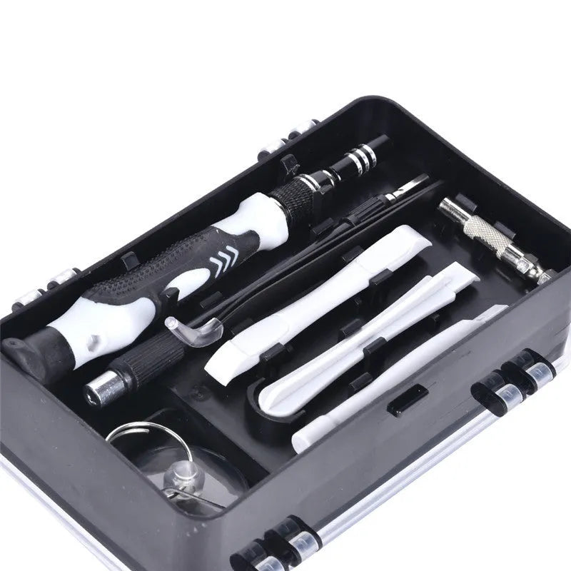 117-in-1 magnetic CR-V screwdriver set with bits and flexible extension rod in a red box.