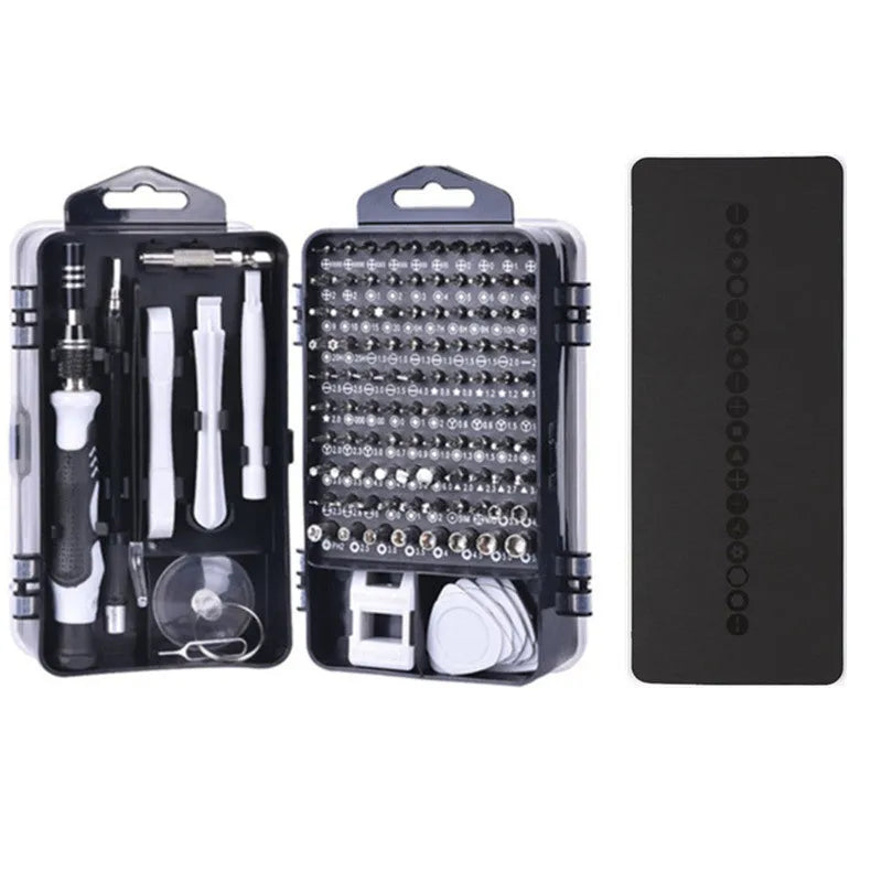 117-in-1 magnetic CR-V screwdriver set with bits and flexible extension rod in a red box.