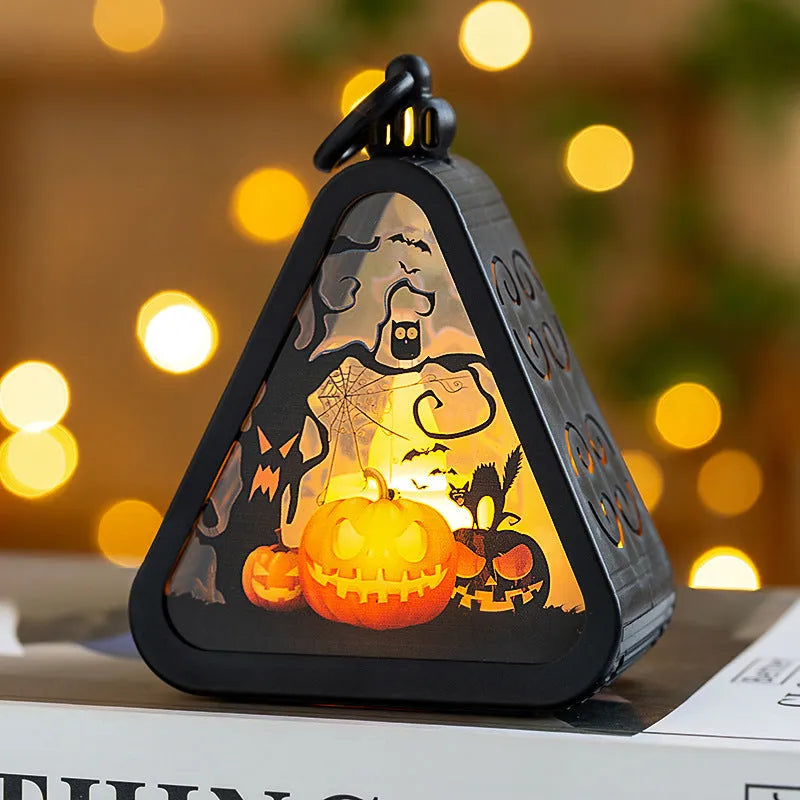 Halloween pumpkin lamp decoration in plastic and glass measuring 8.9 by 5.2 by 11.5 cm