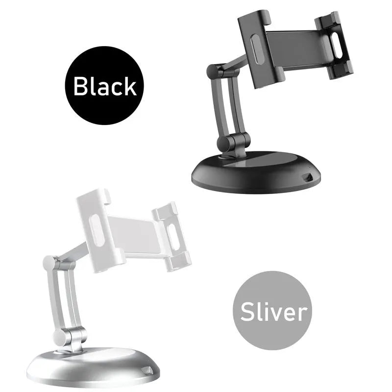 Adjustable ABS silicone phone and tablet stand in black on a wooden desktop