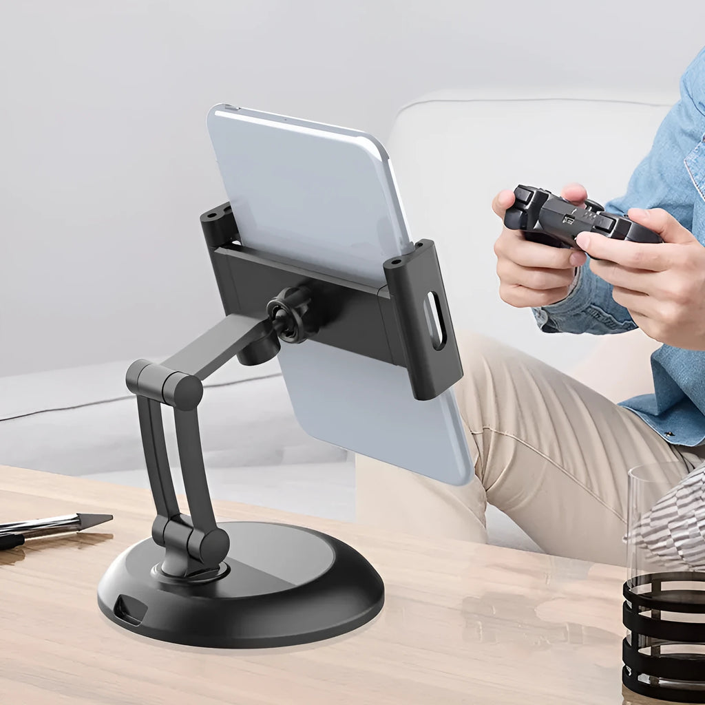 Adjustable ABS silicone phone and tablet stand in black on a wooden desktop