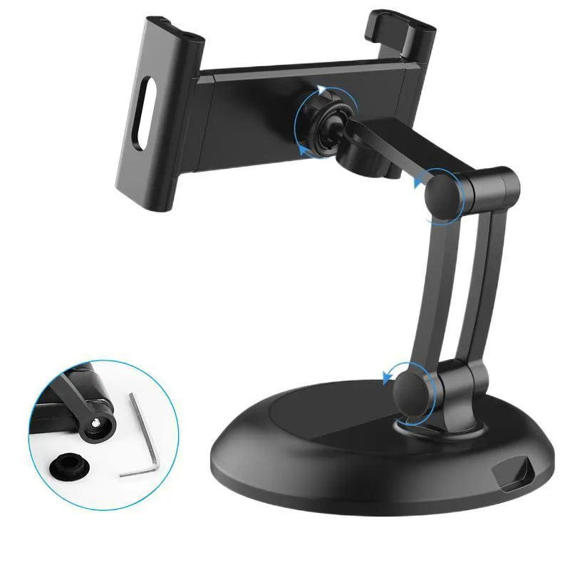 Adjustable ABS silicone phone and tablet stand in black on a wooden desktop