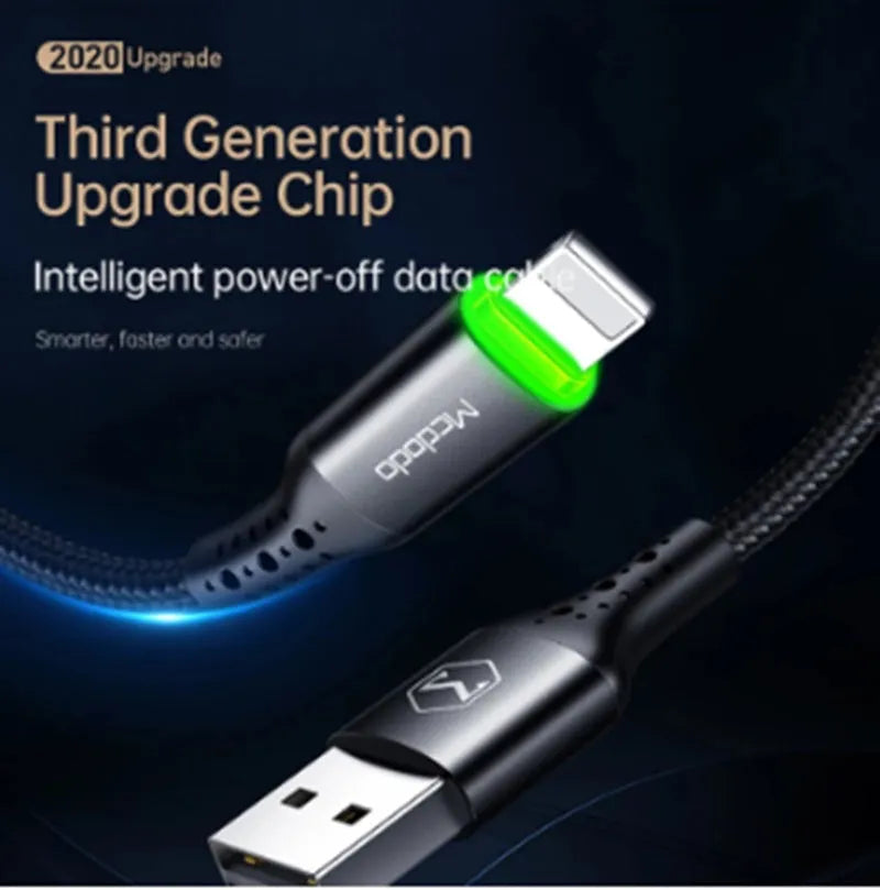 Black Apple-compatible iPhone charging cable with LED indicator lights showing charging status