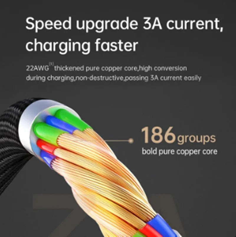 Black Apple-compatible iPhone charging cable with LED indicator lights showing charging status