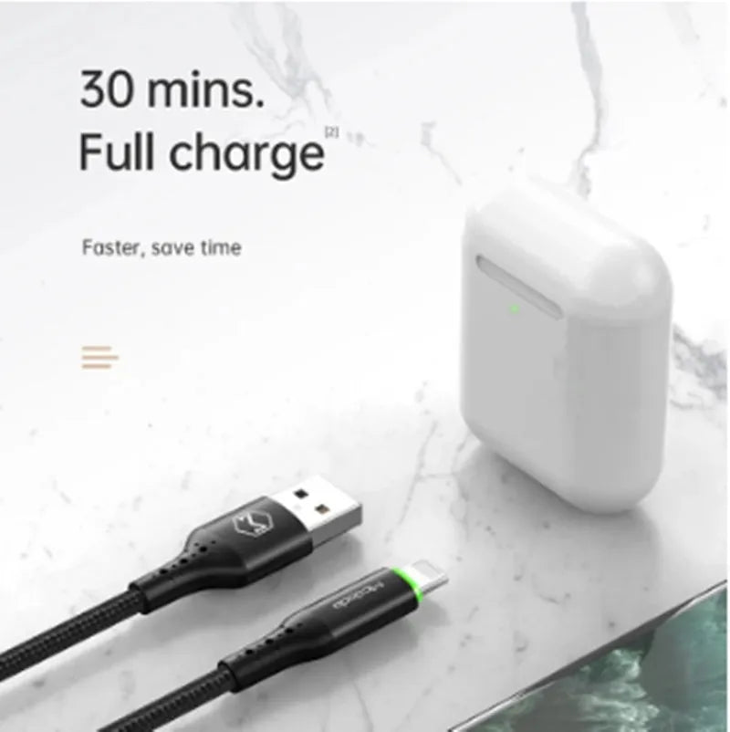 Black Apple-compatible iPhone charging cable with LED indicator lights showing charging status