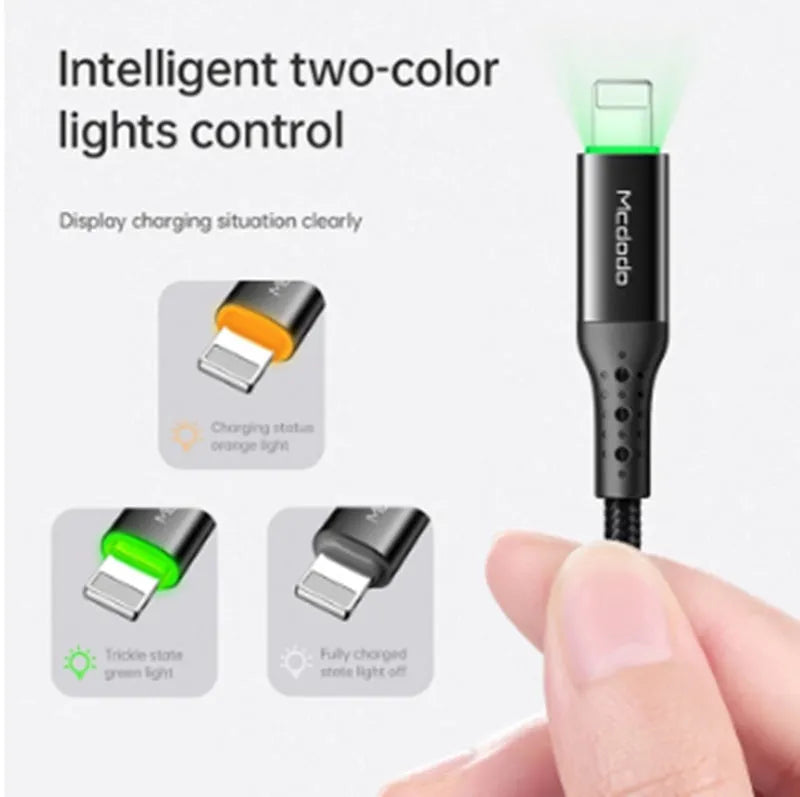 Black Apple-compatible iPhone charging cable with LED indicator lights showing charging status