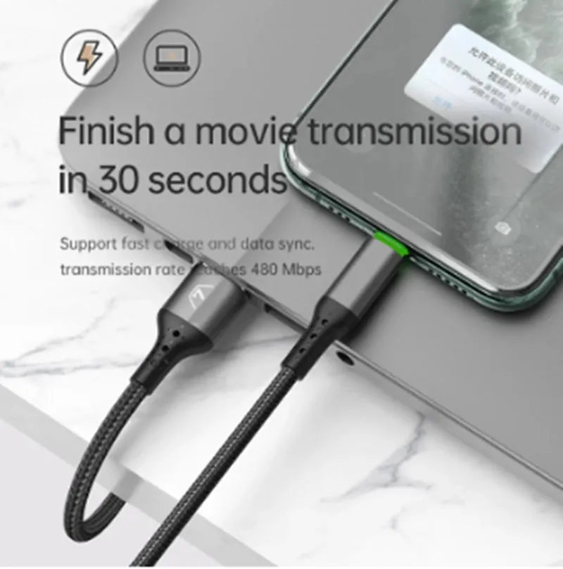 Black Apple-compatible iPhone charging cable with LED indicator lights showing charging status