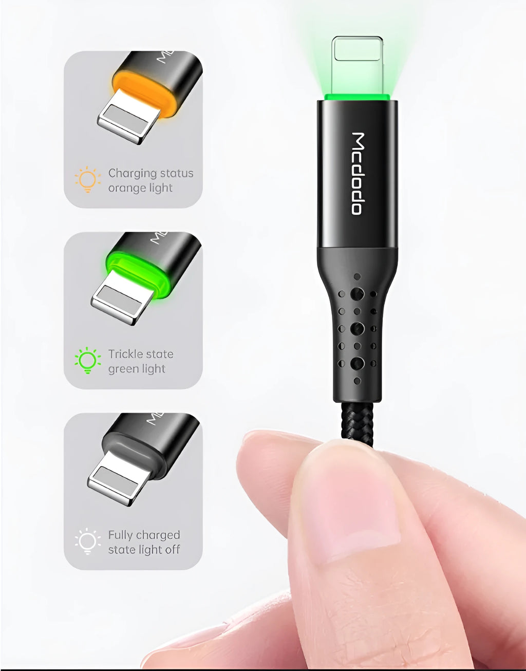 Black Apple-compatible iPhone charging cable with LED indicator lights showing charging status