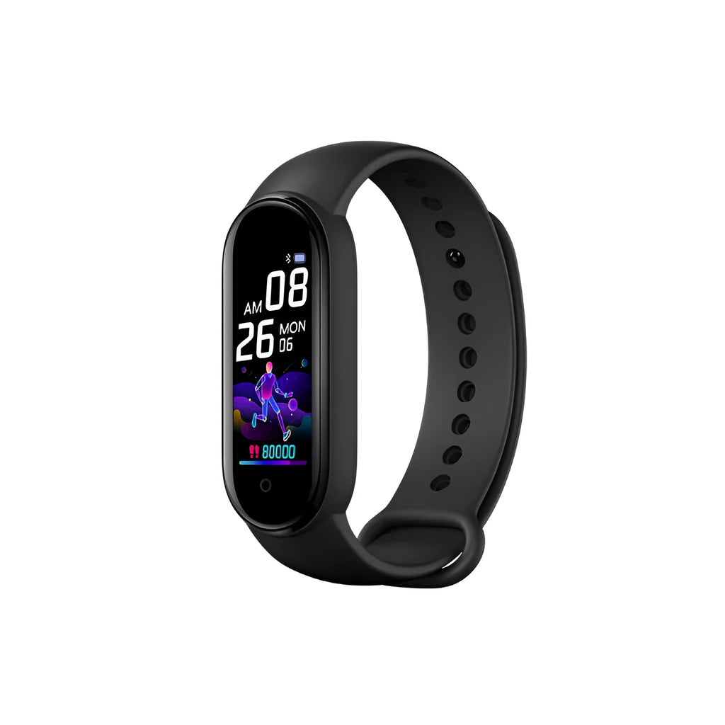 M5 smart fitness bracelet in black on a wrist, showing a heart rate reading on its screen.