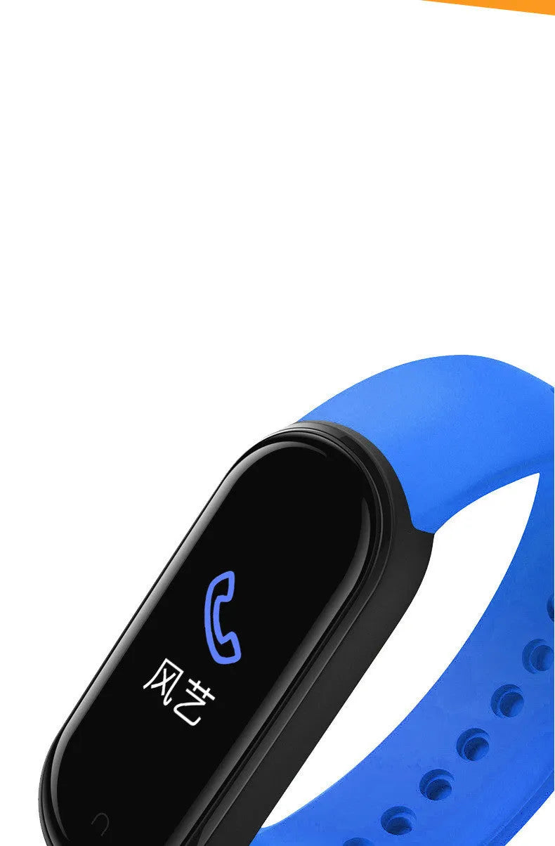 M5 smart fitness bracelet in black on a wrist, showing a heart rate reading on its screen.