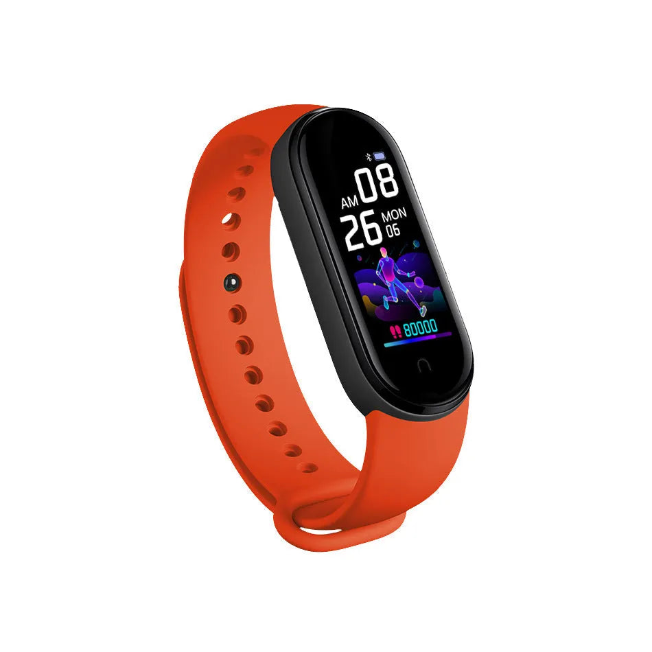M5 smart fitness bracelet in black on a wrist, showing a heart rate reading on its screen.