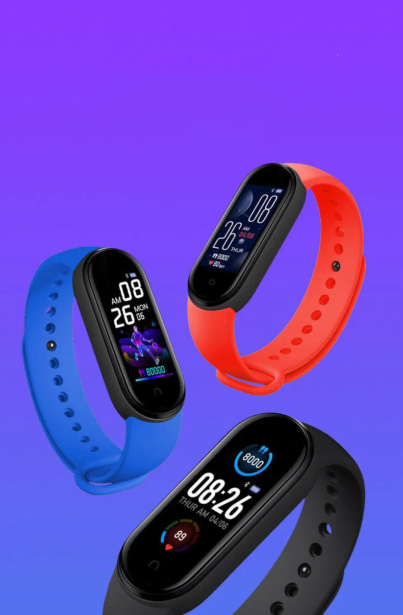 M5 smart fitness bracelet in black on a wrist, showing a heart rate reading on its screen.