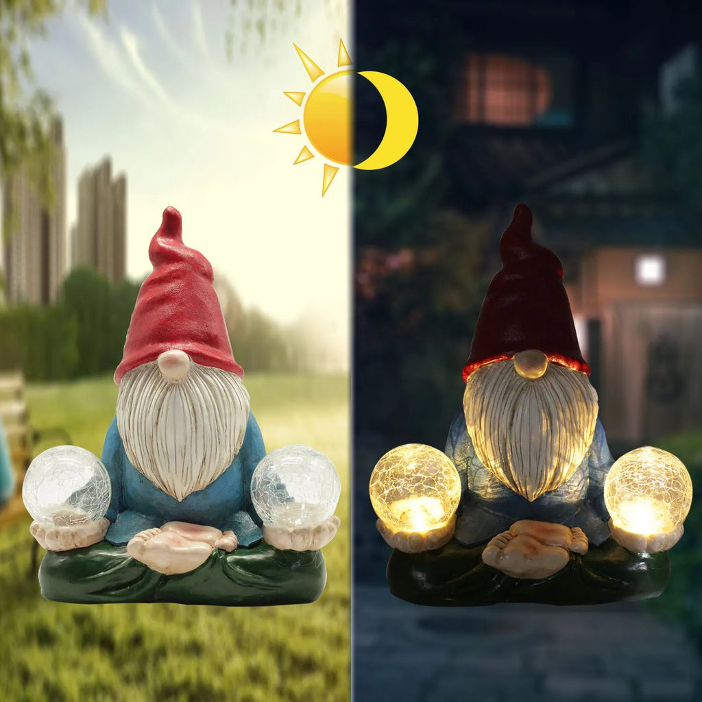 Solar LED resin dwarf doll outdoor ornament statue for garden and courtyard decoration.