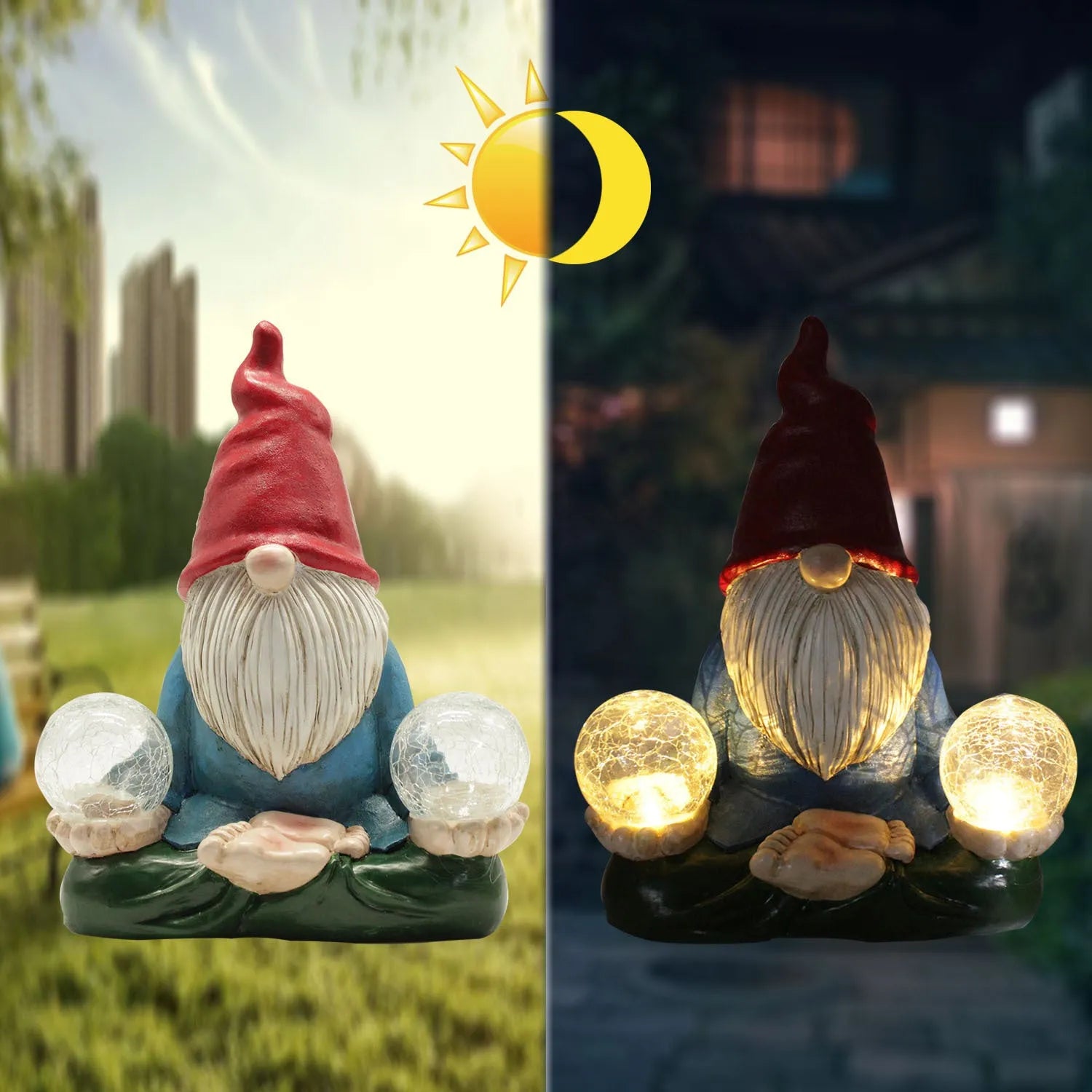 Solar LED resin dwarf doll outdoor ornament statue for garden and courtyard decoration.