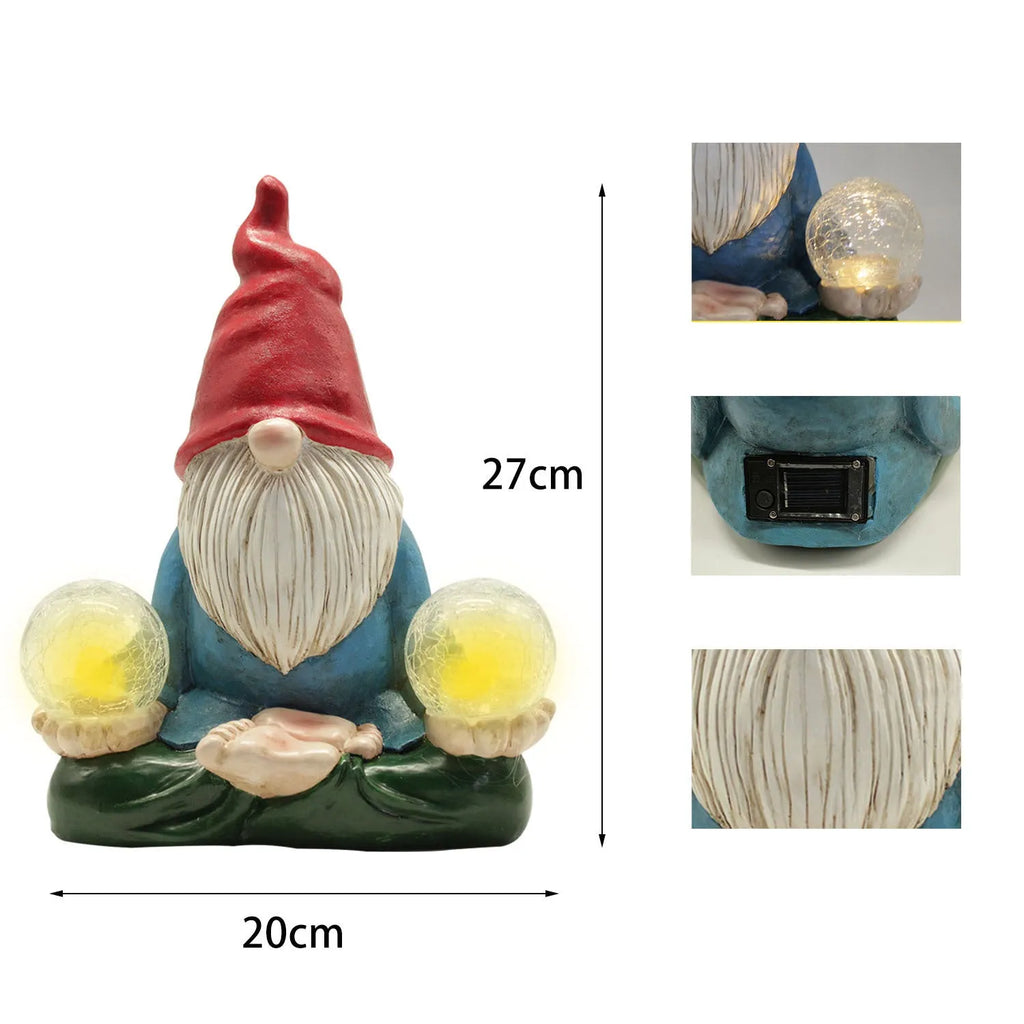 Solar LED resin dwarf doll outdoor ornament statue for garden and courtyard decoration.