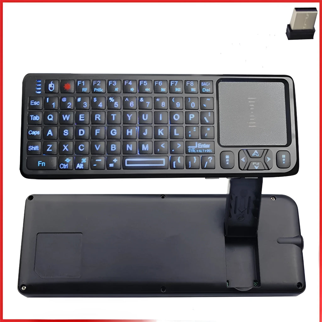 Black wireless laser teaching mini keyboard with touch screen showing compact design for classroom presentations