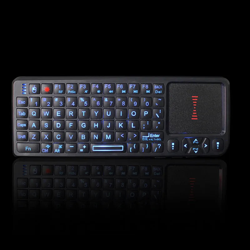 Black wireless laser teaching mini keyboard with touch screen showing compact design for classroom presentations