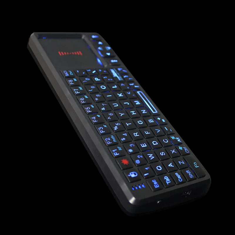Black wireless laser teaching mini keyboard with touch screen showing compact design for classroom presentations