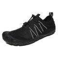 Low-cut water shoes with mesh upper and rubber sole in black, grey, blue, or purple