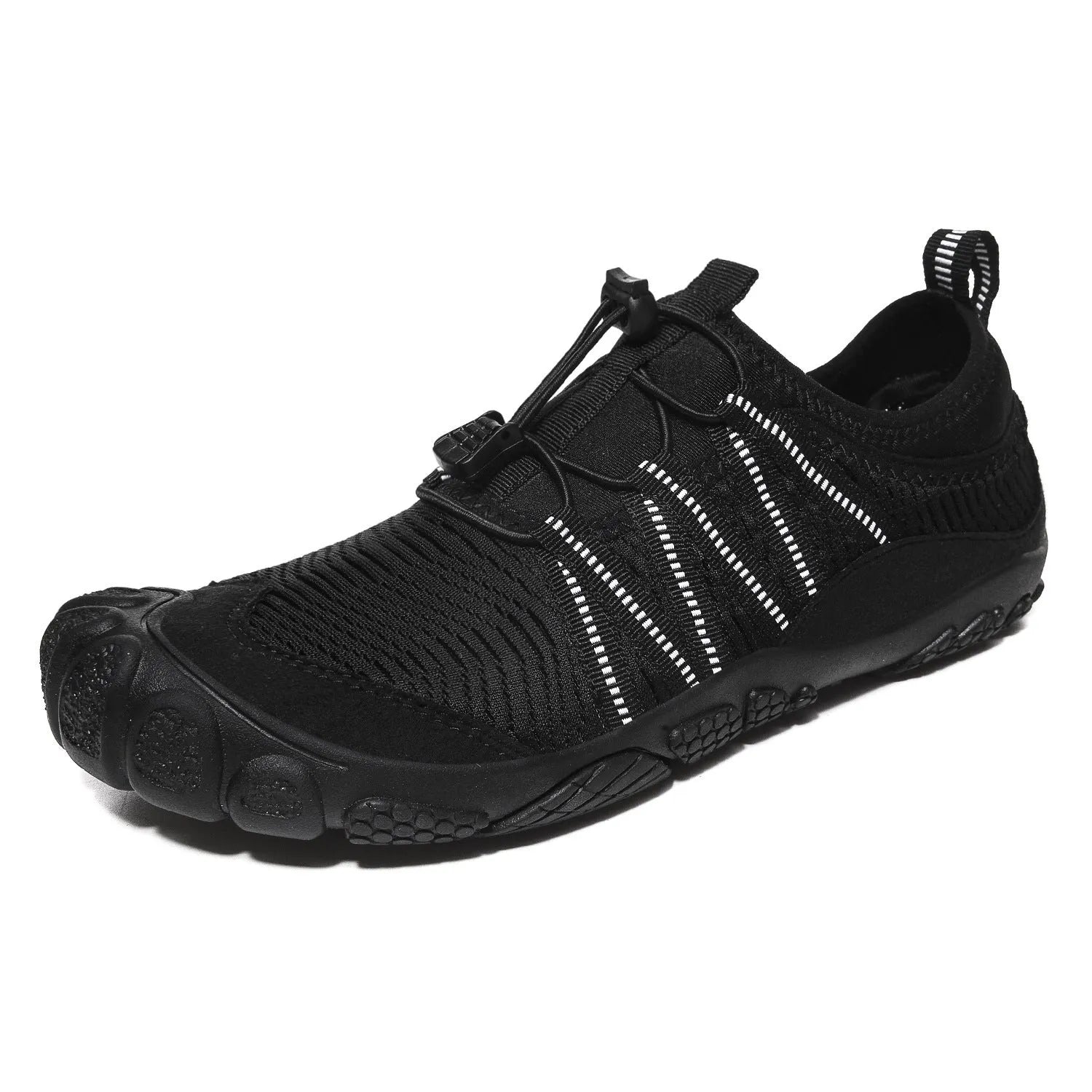 Low-cut water shoes with mesh upper and rubber sole in black, grey, blue, or purple