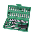 Green 46-piece metric socket set for car repair with alloy steel tools in plastic storage case