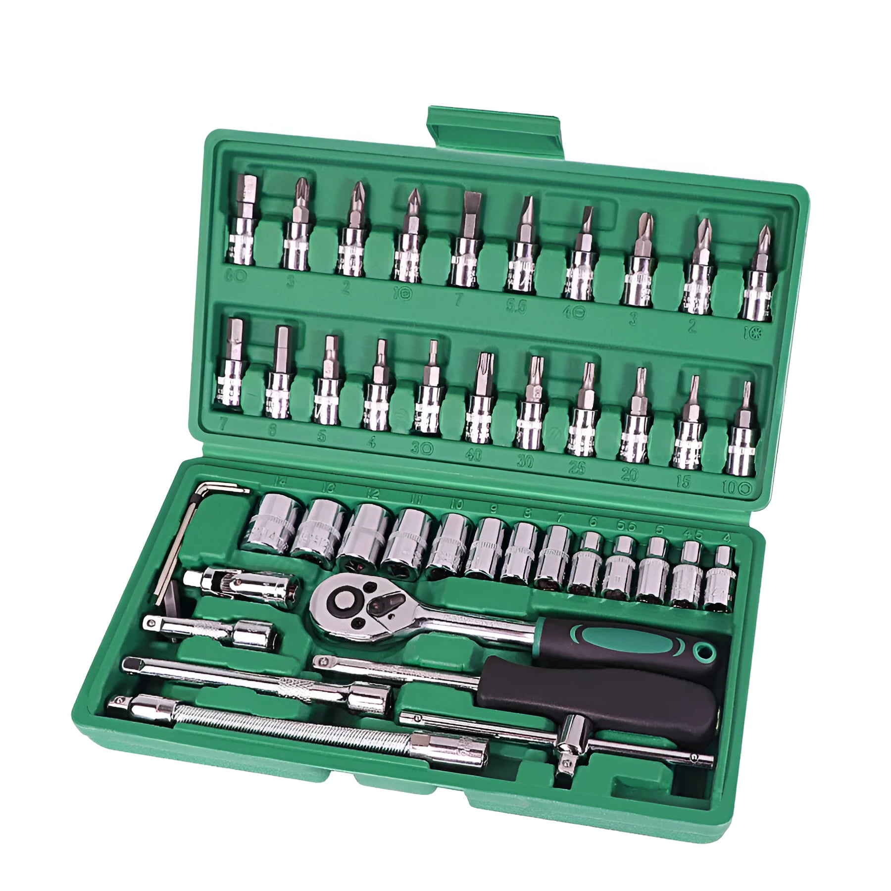 Green 46-piece metric socket set for car repair with alloy steel tools in plastic storage case