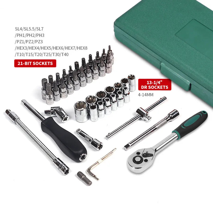 Green 46-piece metric socket set for car repair with alloy steel tools in plastic storage case